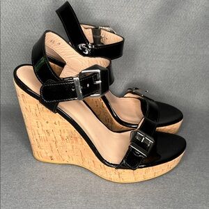 Stuart Weitzman Wedge Heeled, black patent Sandal, like new, women’s sz 6.5.